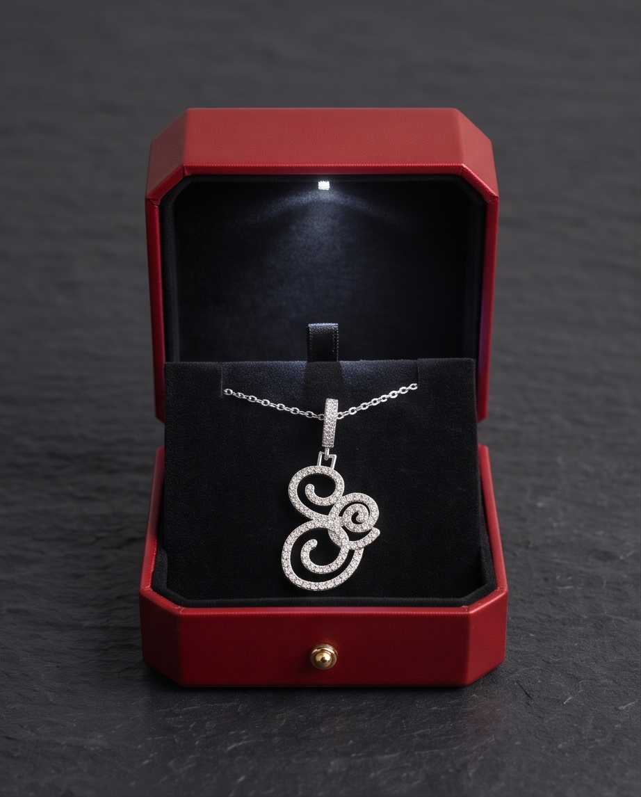 Large Multi-Cubic Zirconia Shaped Letter "G" With Red Box and Option for Herringbone Necklace (Limited of Edition)