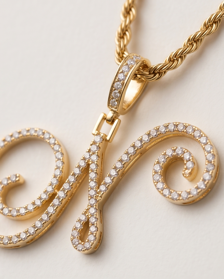 Large Multi-Cubic Gold Zirconia Shaped Letter "N" With Red Box and Option for Herringbone Necklace (Limited of Edition) $27.99 Elegance Gold Necklace