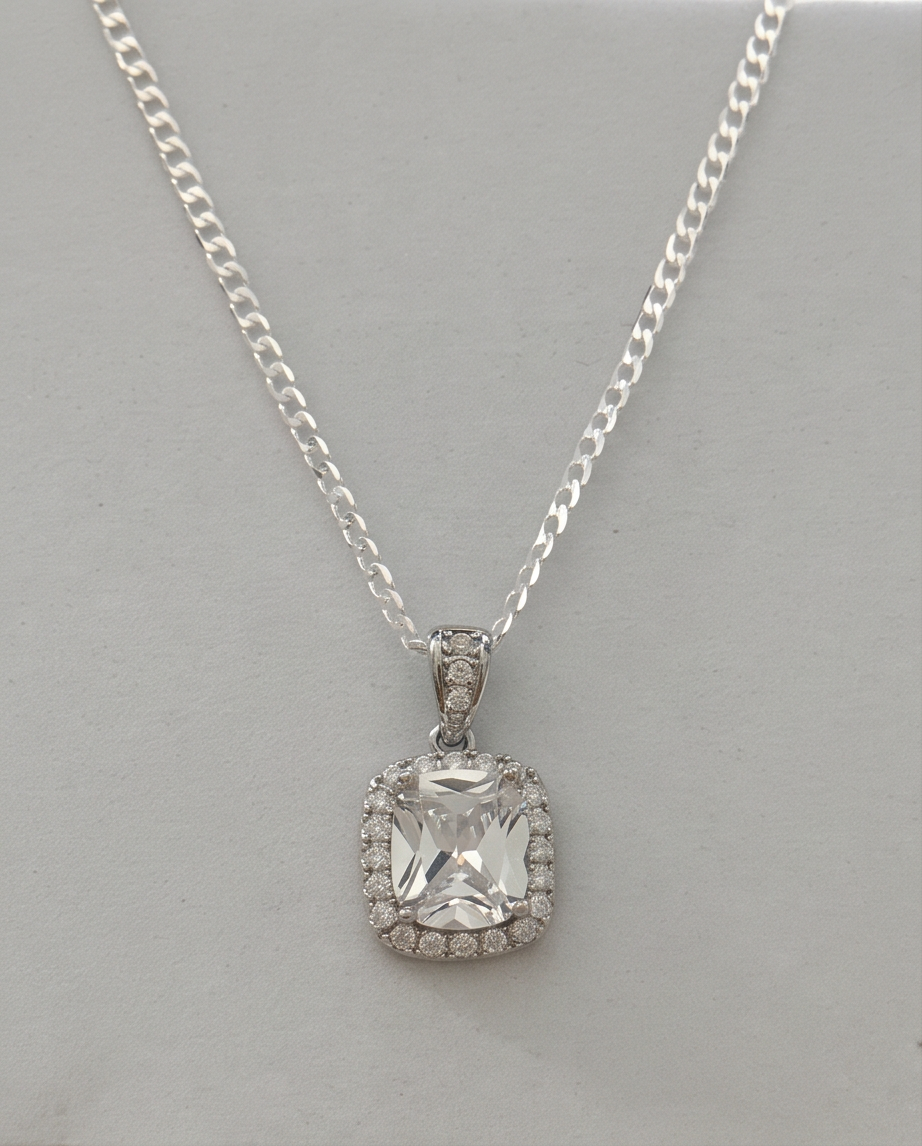 925 Sterling Silver 18 in-O-Chain Link Necklace Crystal Radiance Halo Necklace