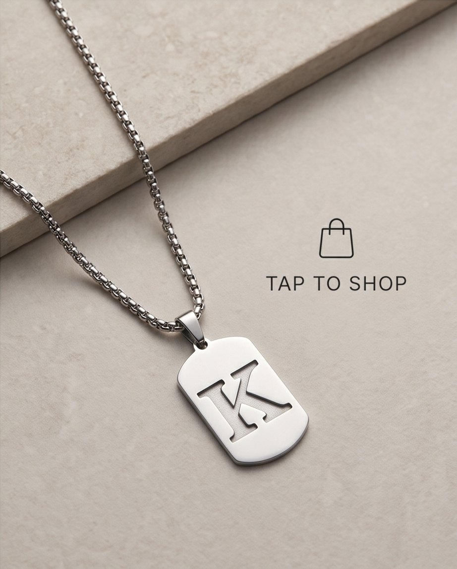 20' Diamond Cut Mirror Cut Out Alphabet initial "K" Dog Tag Necklace