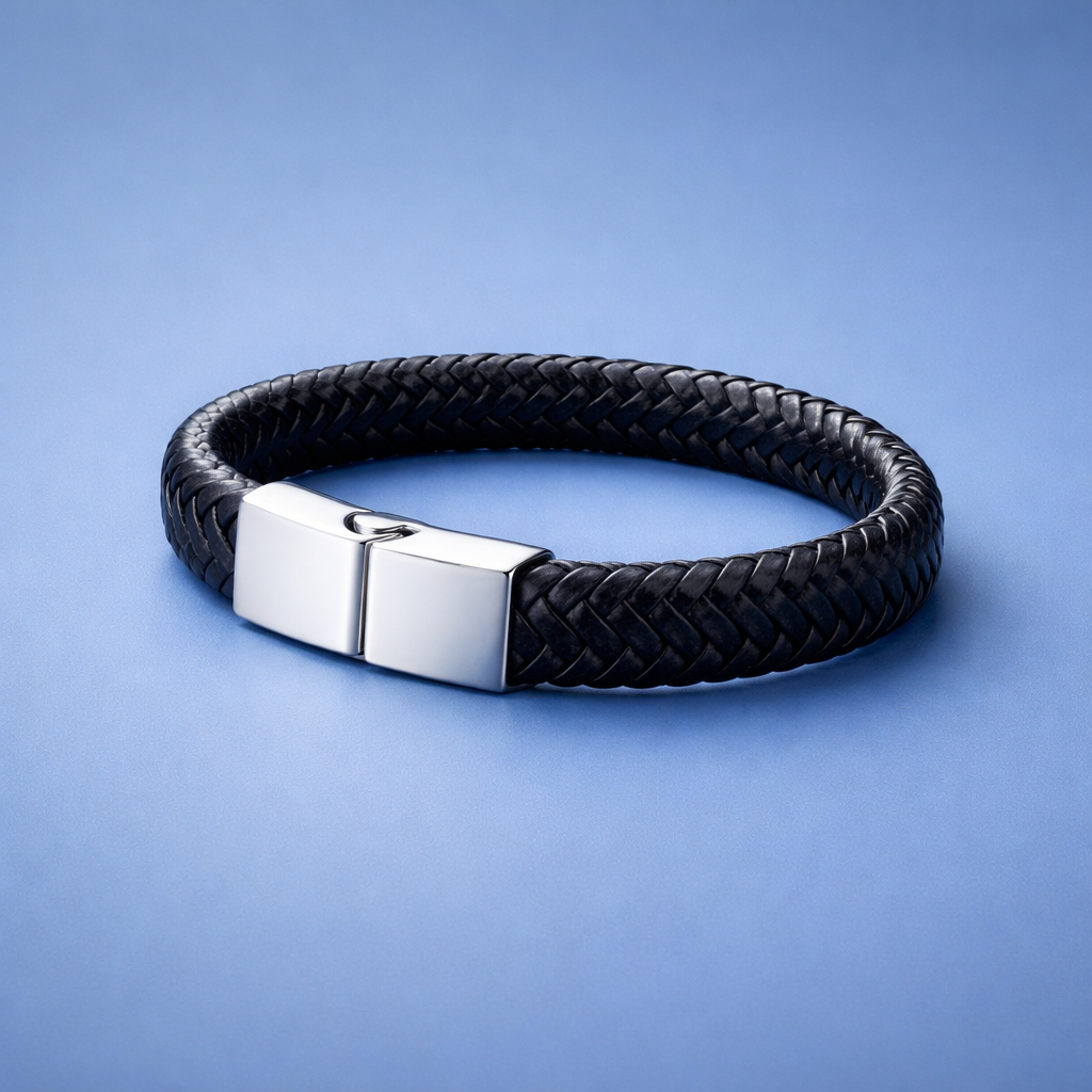 BL022 Black Leather Braided Bracelet with Stainless Steel Clasp