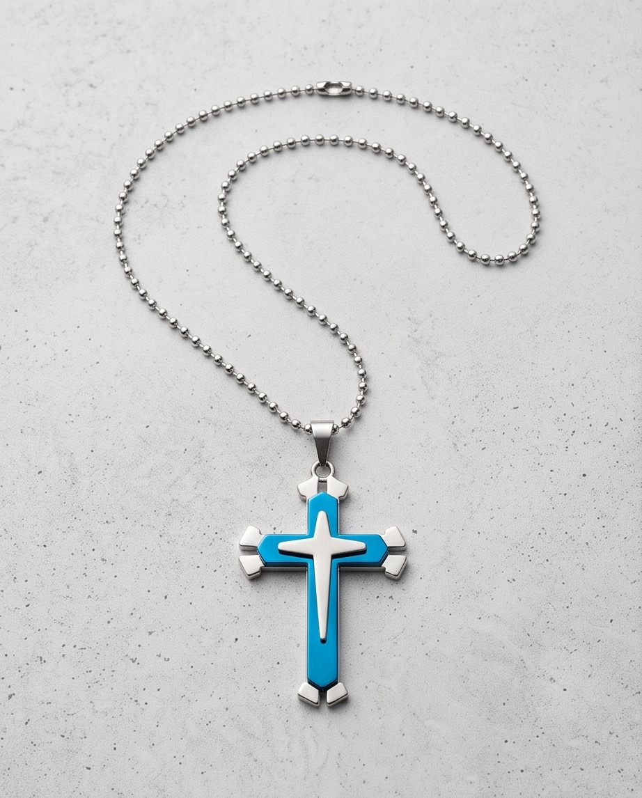Stainless Steel Blue Enamel Cross Pendant Necklace