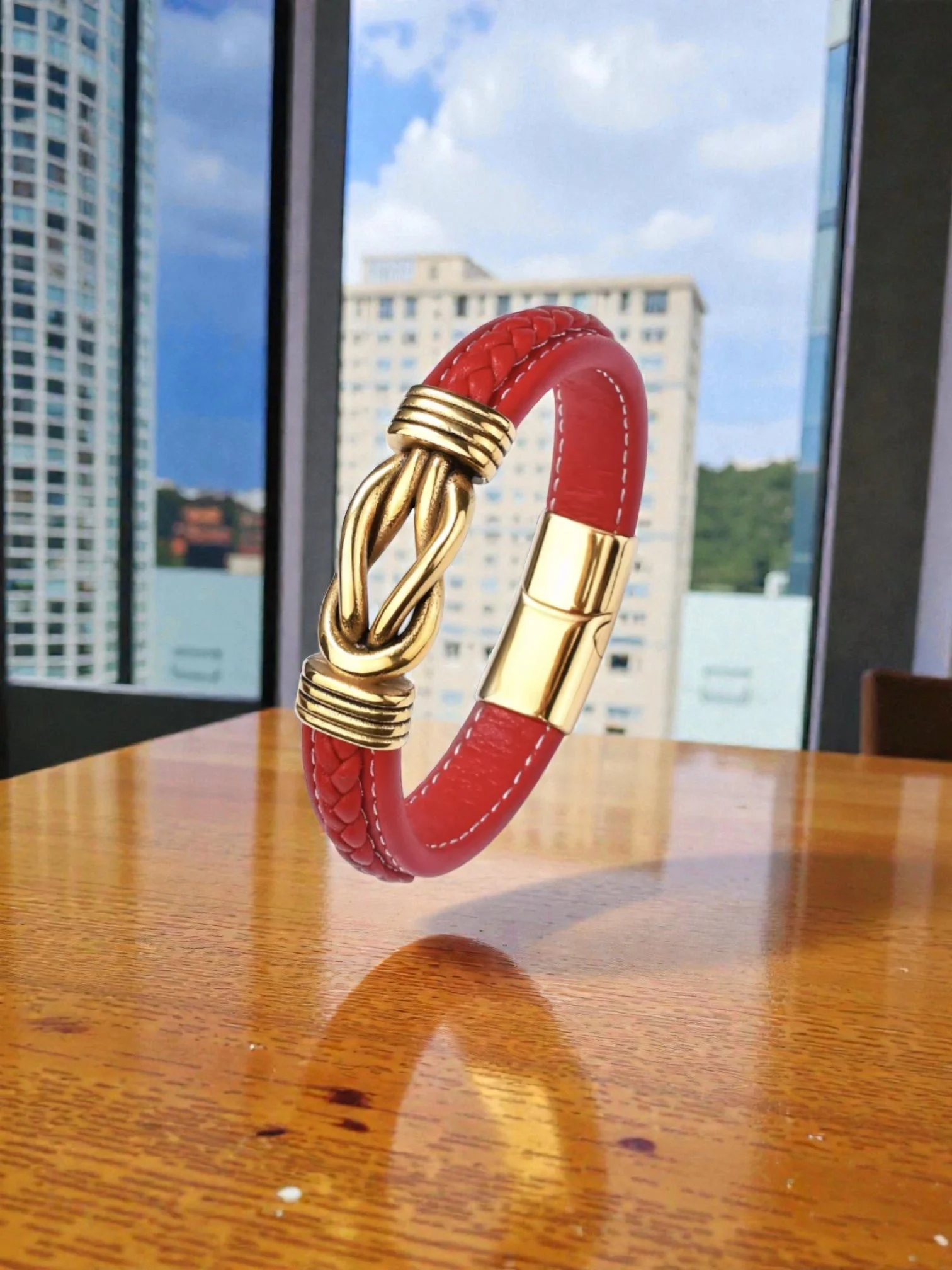 BL001 Red Infinity Leather Gold  Leather Bracelet with Gold Knot Detailing Braided Clasp Bracelet