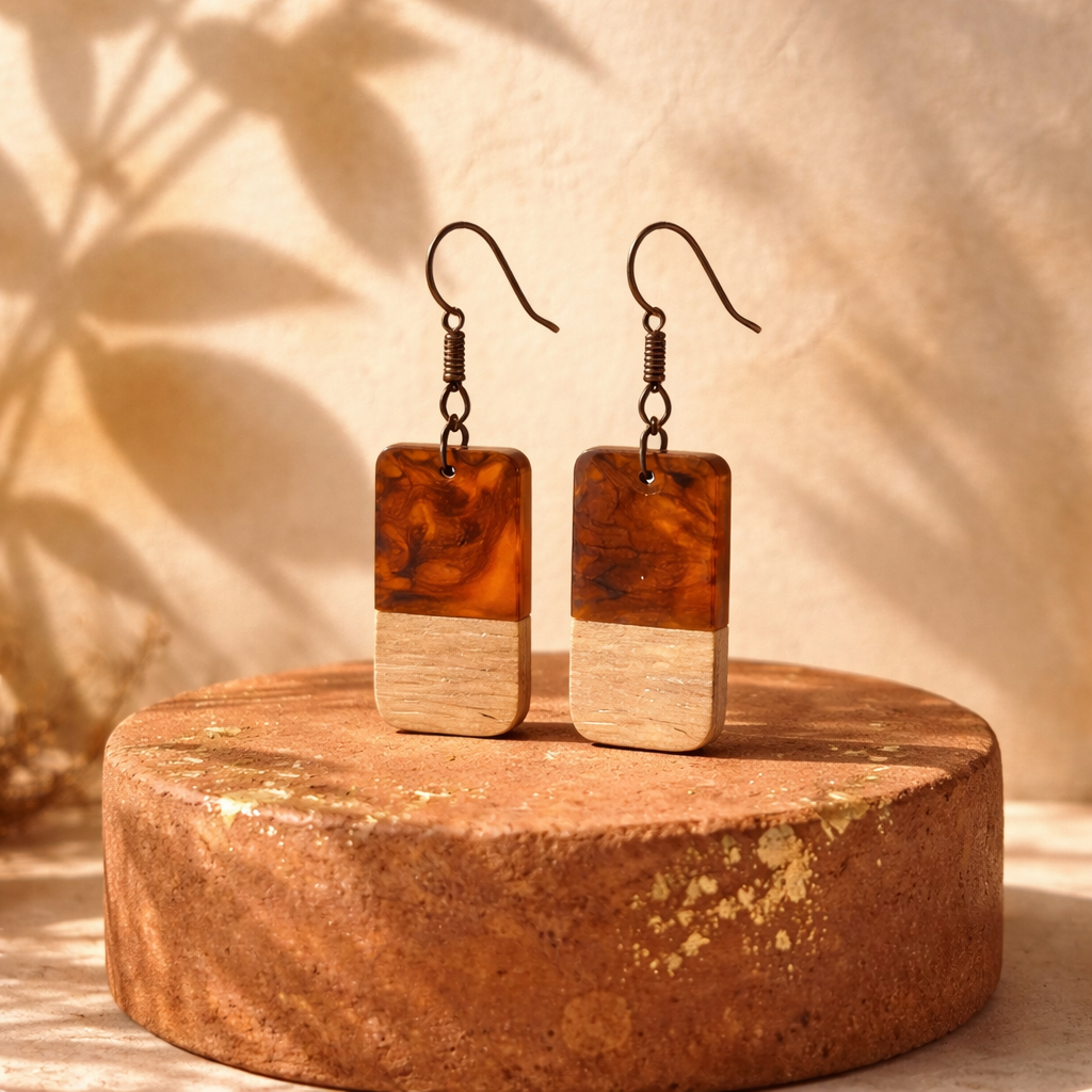 E22 Rustic Wood & Resin Dangle Earrings