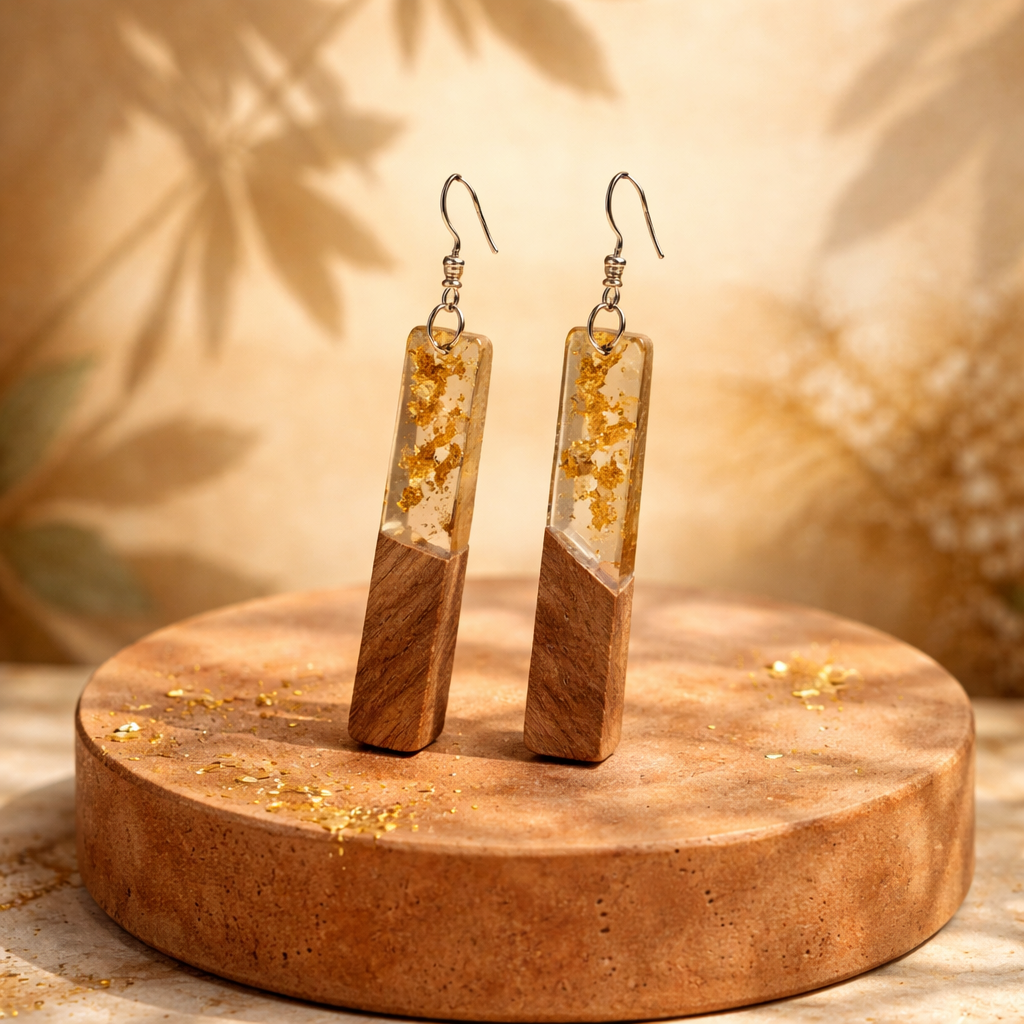 Handcrafted Wood & Resin Earrings with Gold Leaf