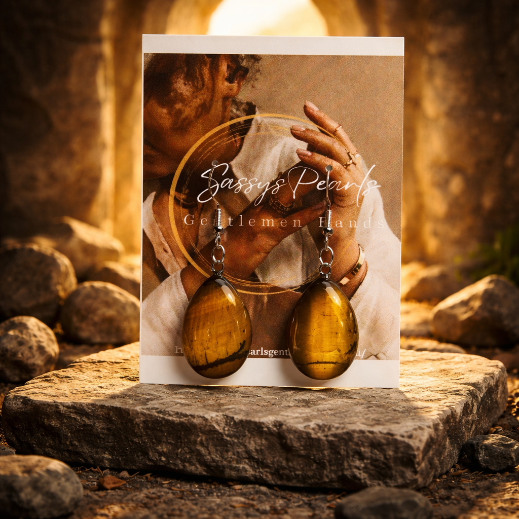 TD011 Sassy's Pearls Glitter Hypoallergenic Tiger's Eye Drop Earrings