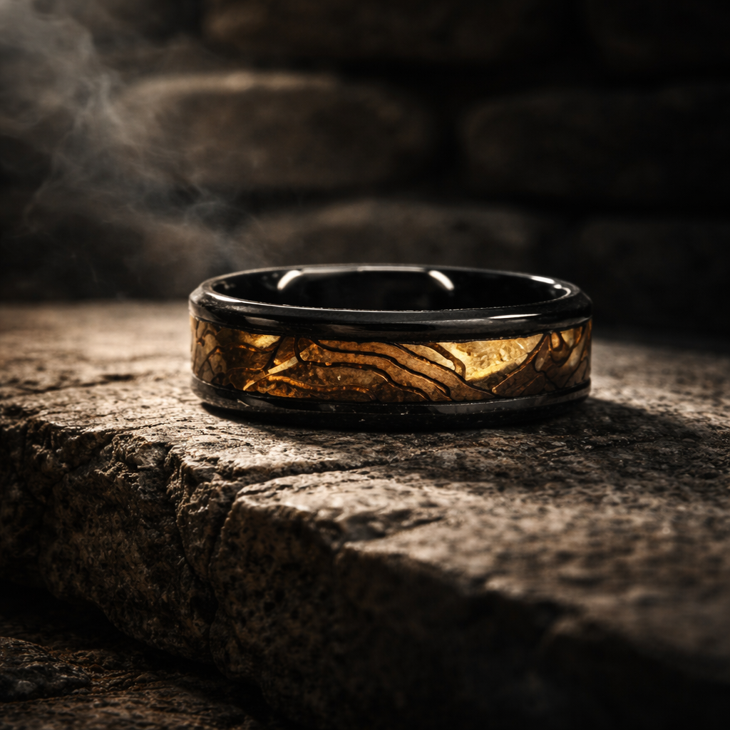HR003 Golden Inlay Black Band Ring