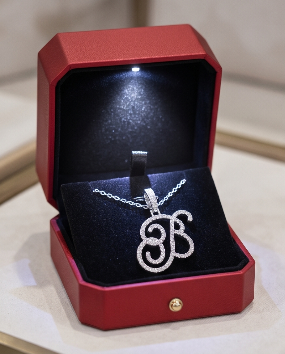 Large Multi-Cubic Zirconia Shaped Letter "B" With Red Box and Option for Herringbone Necklace (Limited of Edition)