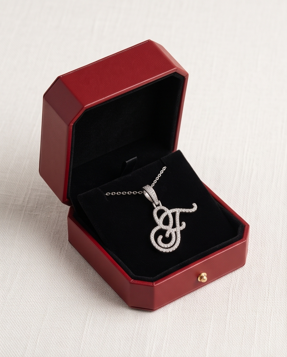 Large Multi-Cubic Zirconia Shaped Letter "F " With Red Box and Option for Herringbone Necklace (Limited of Edition)