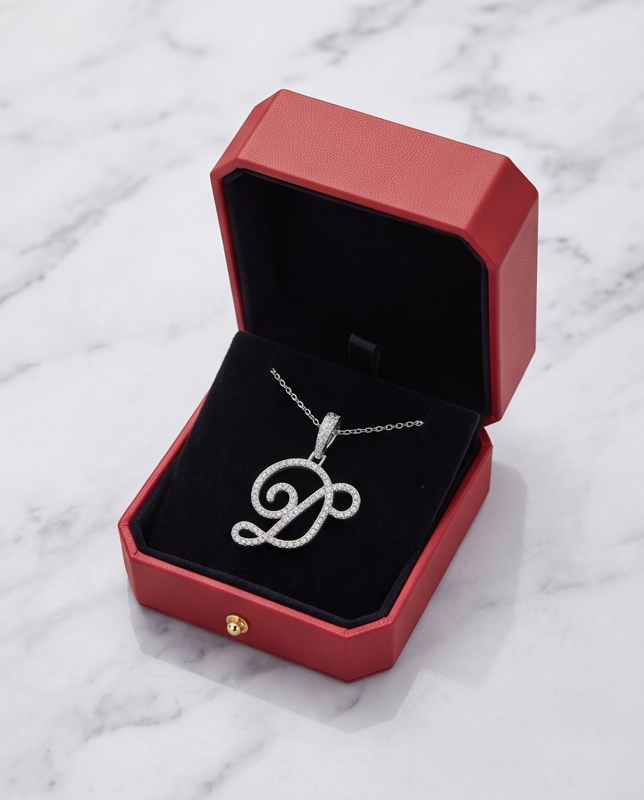 Large Multi-Cubic Zirconia Shaped Letter "D" With Red Box and Option for Herringbone Necklace (Limited of Edition)
