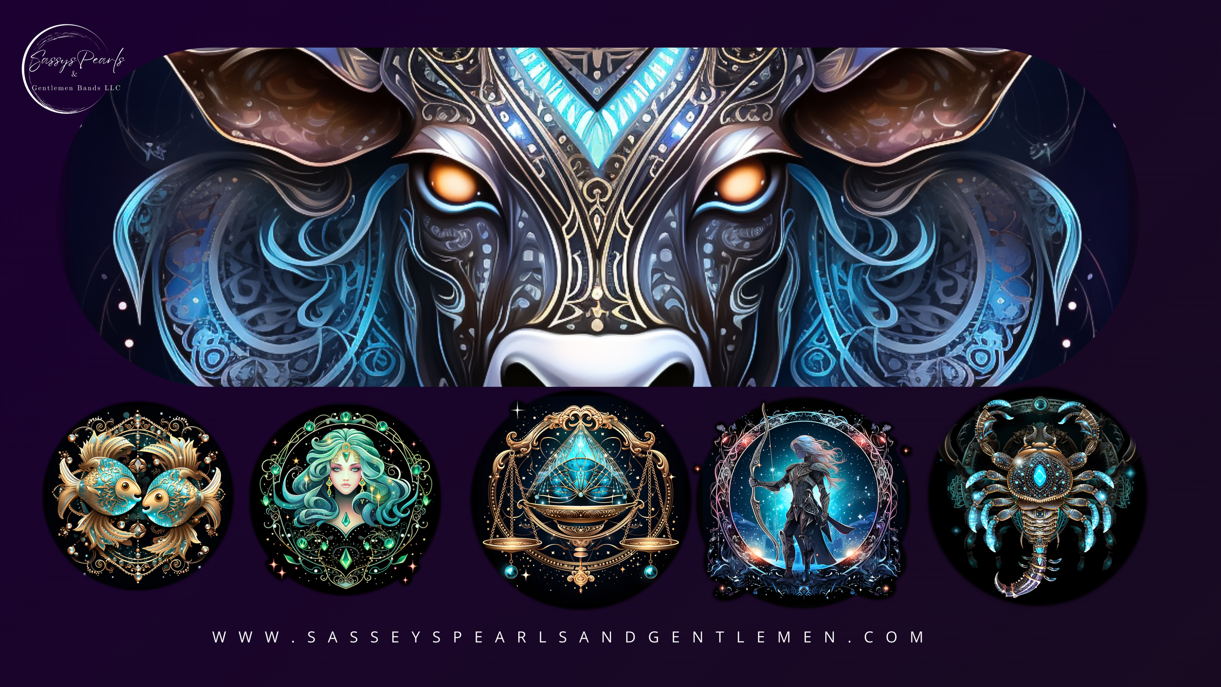 Digital artwork featuring a large, stylized, symmetrical wolf face with glowing eyes and intricate details in shades of blue, white, and black. Smaller circular images of fantasy and celestial themes are displayed below.