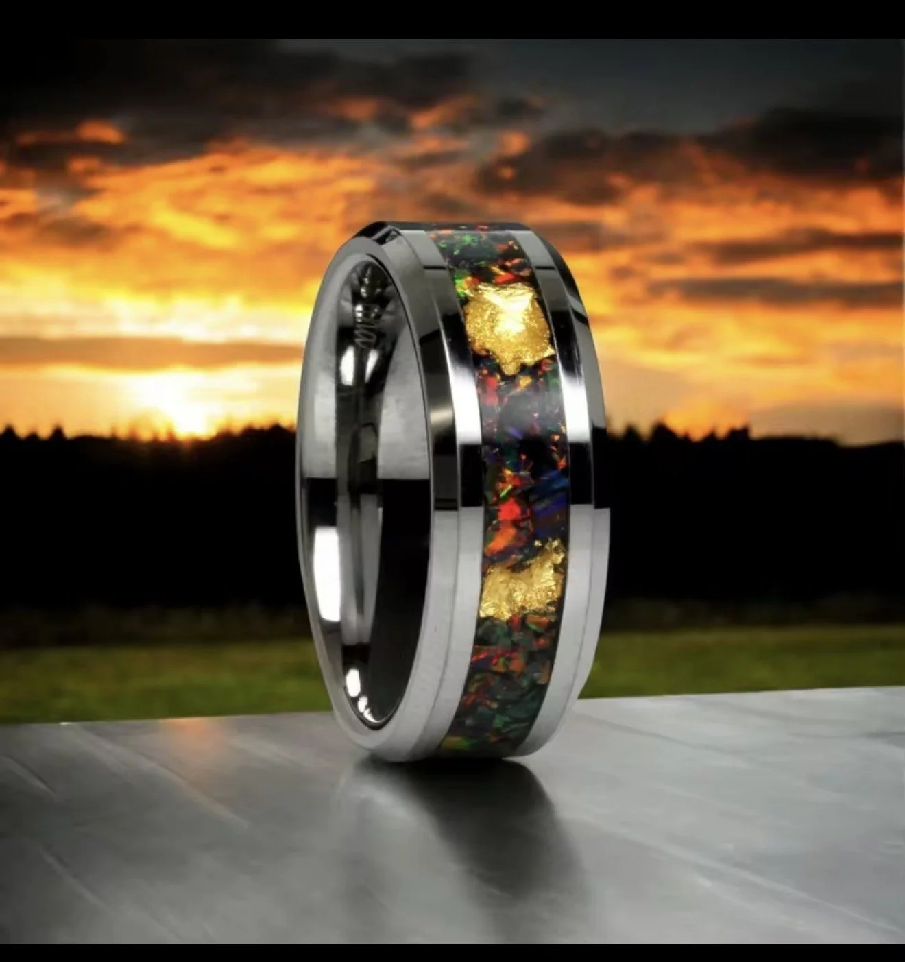 BB003 Exquisite Meteorite & Opal Inlay Ring including Ring box