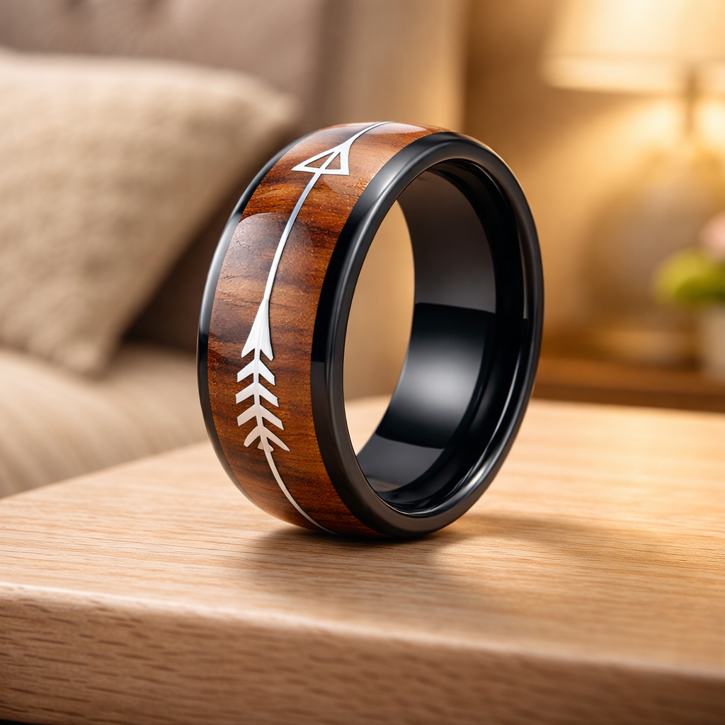 BB10 Elegant Vintage Stainless Arrow Wood Inlay Silver, Rose, Or Black Stainless Steel Ring