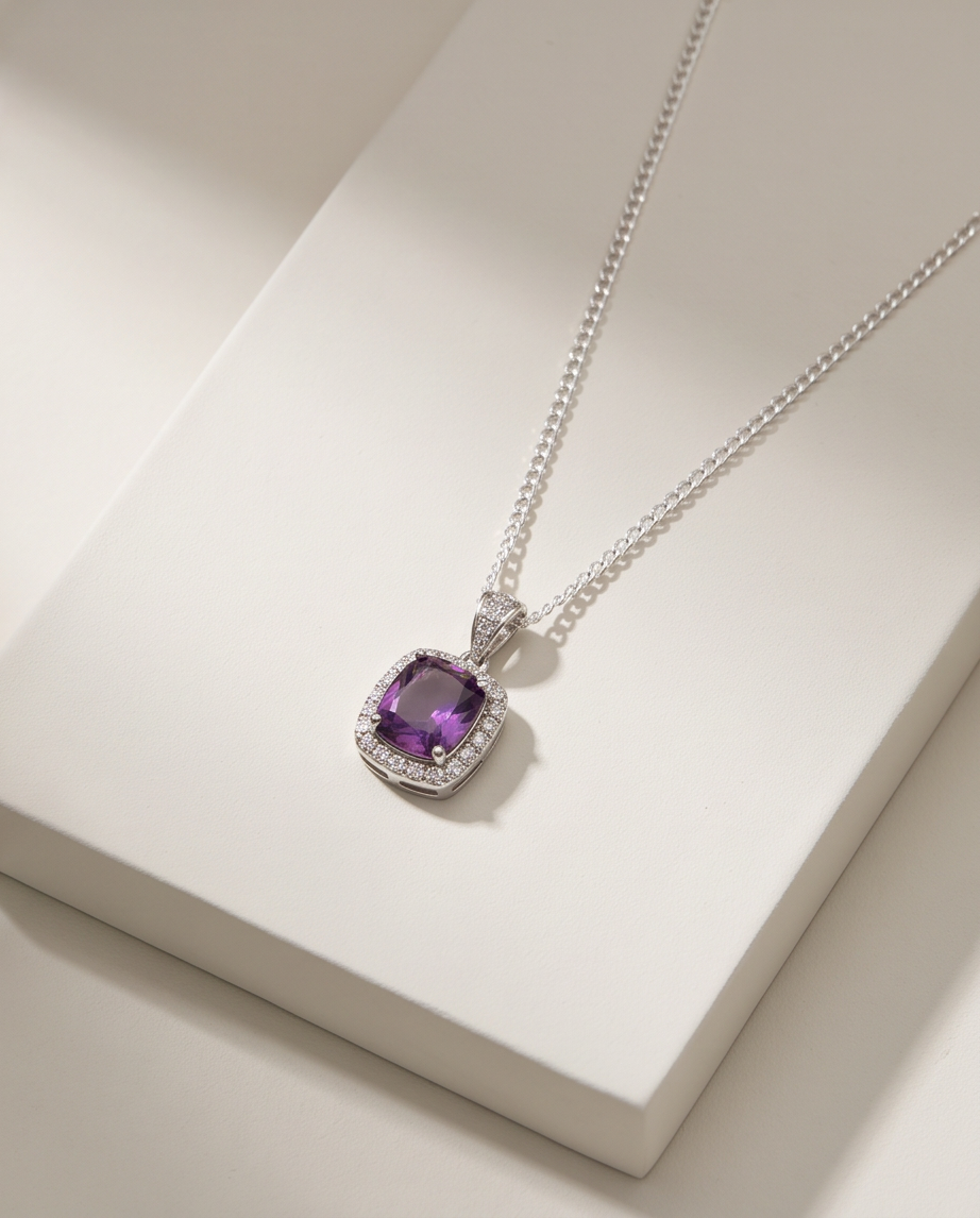 925 Sterling Silver 18 in-O-Chain Link Amethyst Halo Pendant Necklace