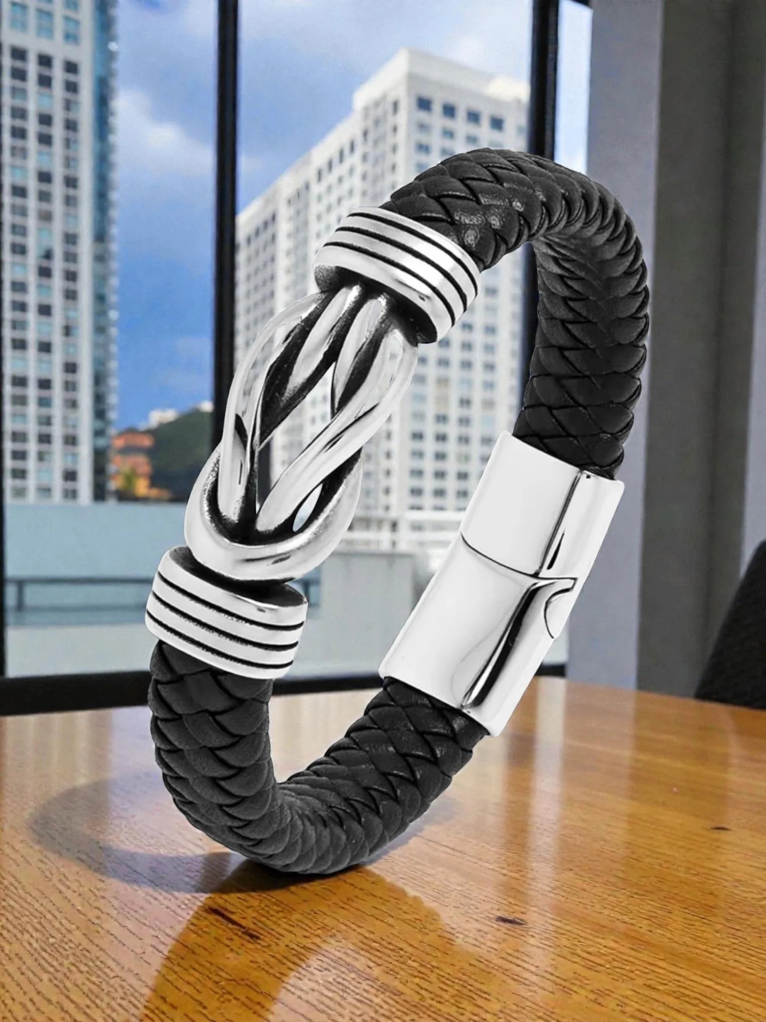 BL006 Black Infinity Leather Silver Leather Bracelet with Silver Clasp Bracelet