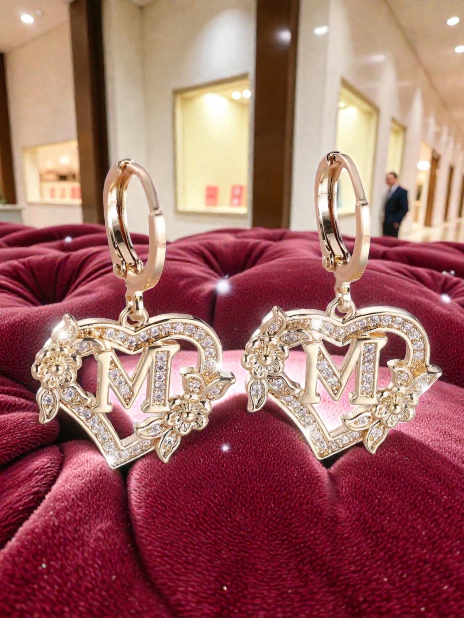 L130 Sassy's Pearls & Gentlemen Band'S Floral Initial "M" Hoop Earrings.