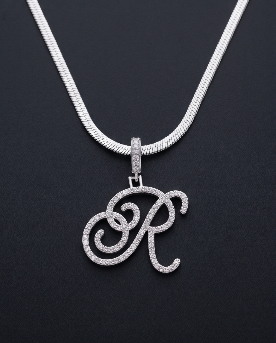 Large Multi-Cubic Zirconia Shaped Letter "R" With Red Box and Option for Herringbone Necklace (Limited of Edition)