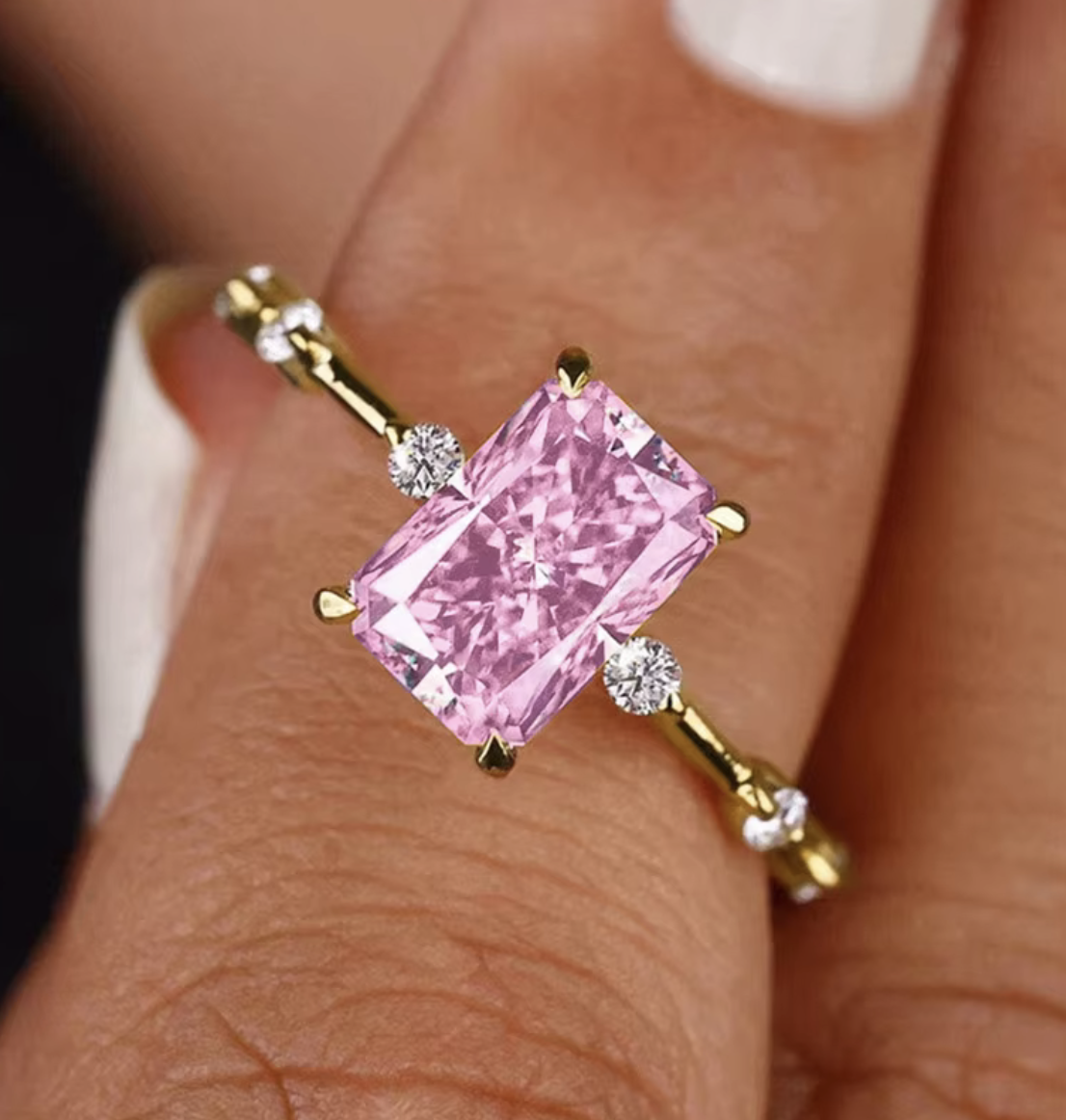 Pink Radiant-Cut Gemstone Ring with Sparkling Accents