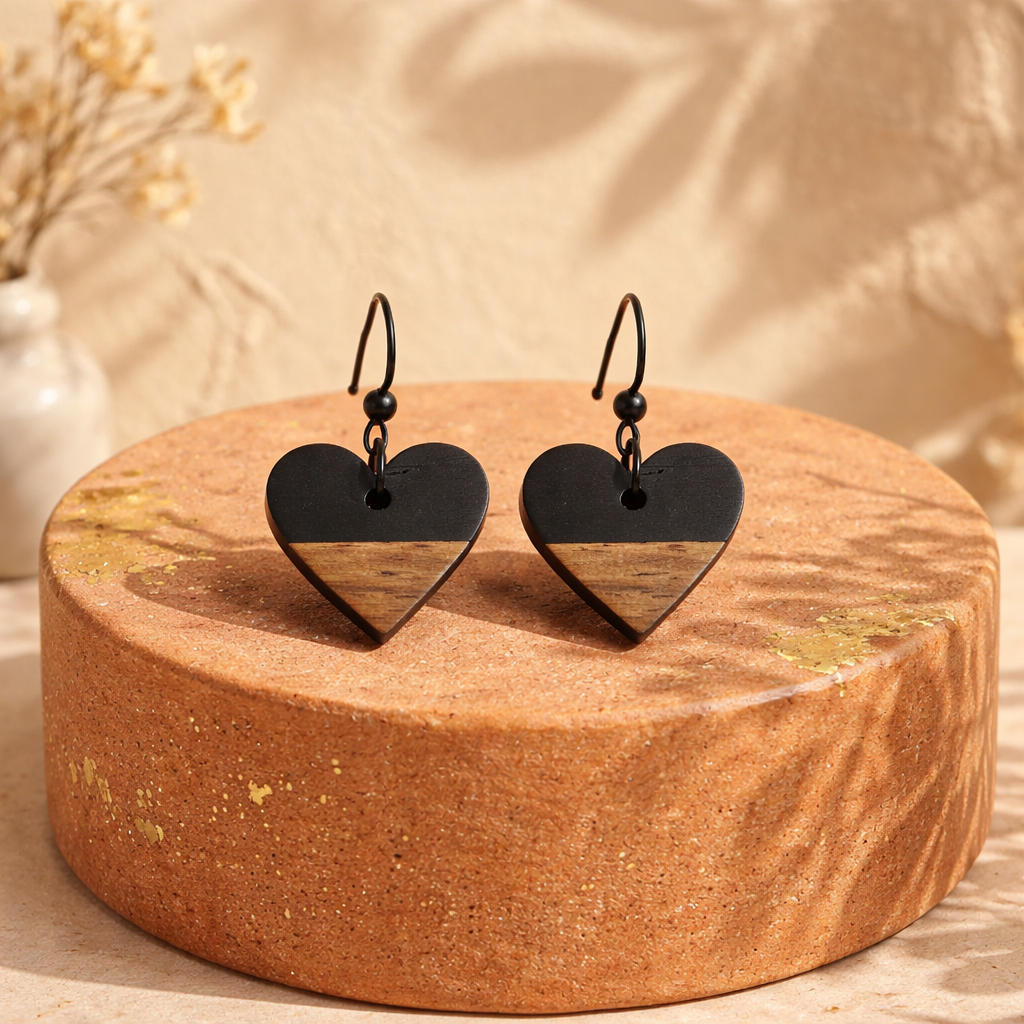 E22 Natural Elegance Wooden Heart Earrings