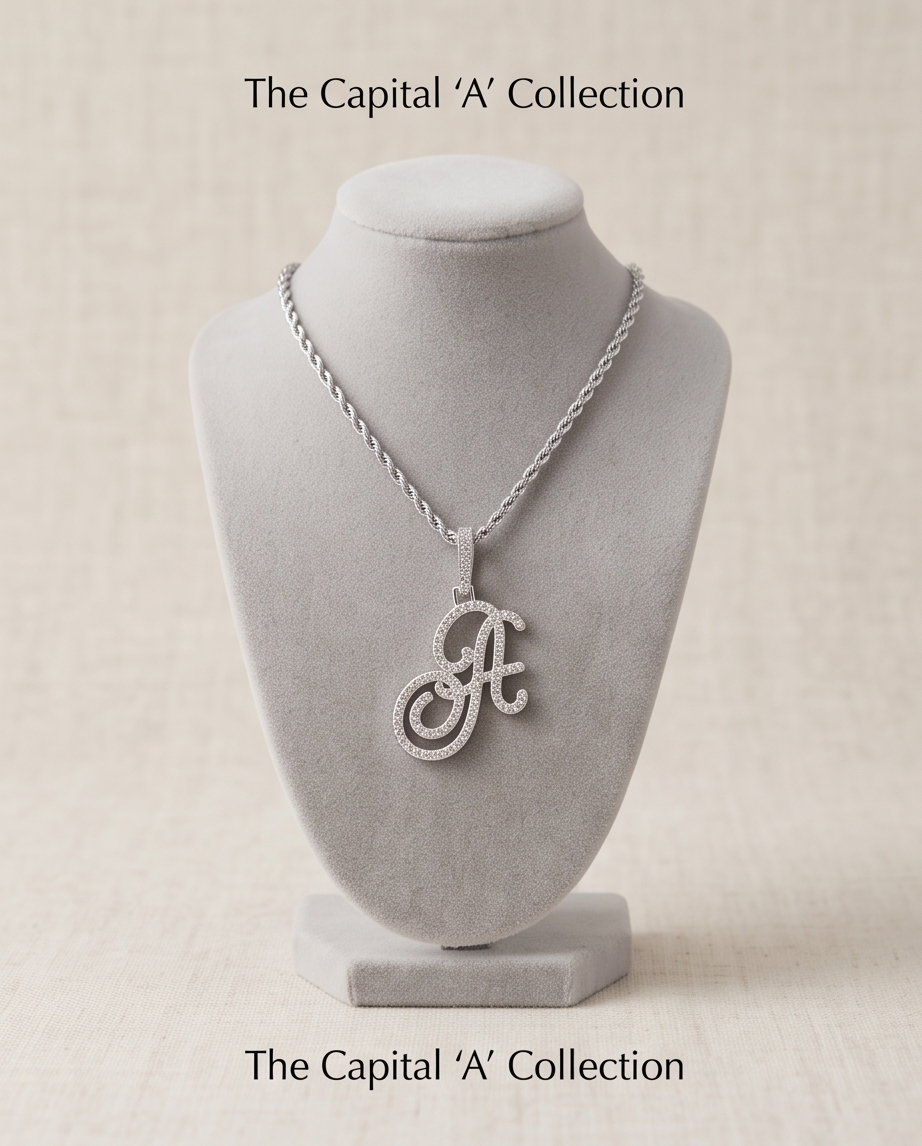 Large Multi-Cubic Zirconia Shaped Letter "A" With Red Box and Option for Herringbone Necklace (Limited of Edition)