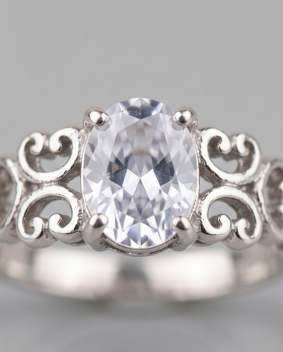 Sterling Silver Scrollwork Crystal Ring With Black Jewelry Box