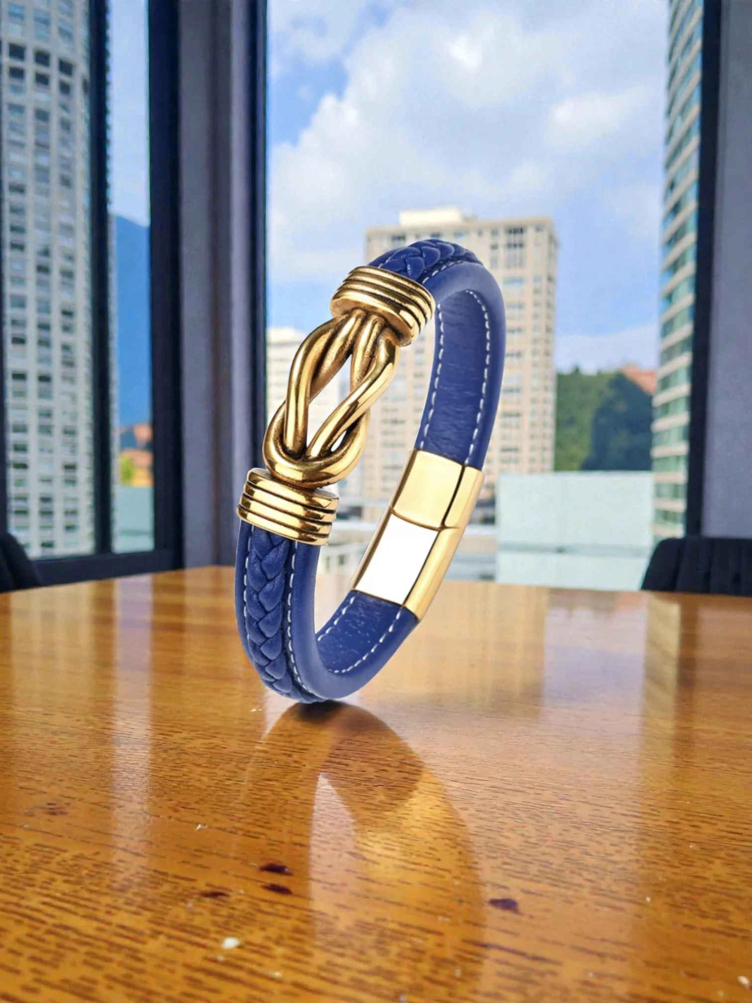 BL003 Blue Infinity Leather Gold  Leather Bracelet with Gold Knot Detailing Braided Clasp Bracelet