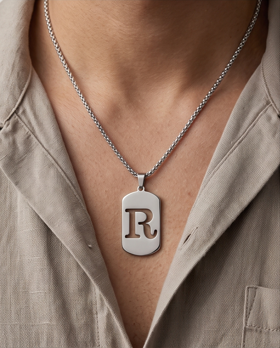 20' Diamond Cut Mirror Cut Out Alphabet initial "R" Dog Tag Necklace