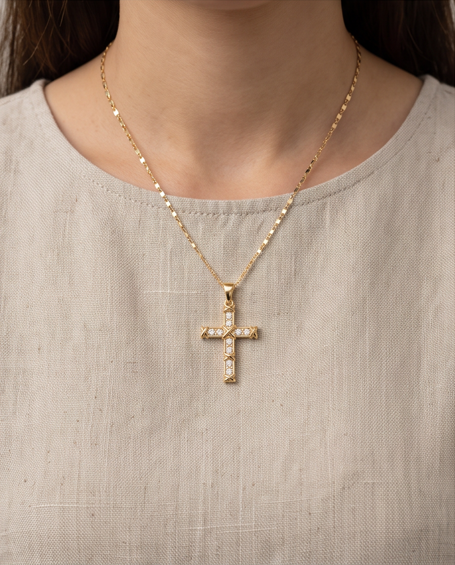 18' Radiant Gold Cross  with a Geometric Pattern Necklace