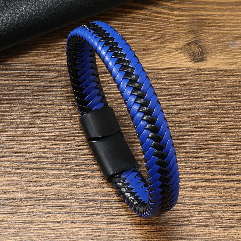 BL017 Black and Blue Braided Leather Bracelet