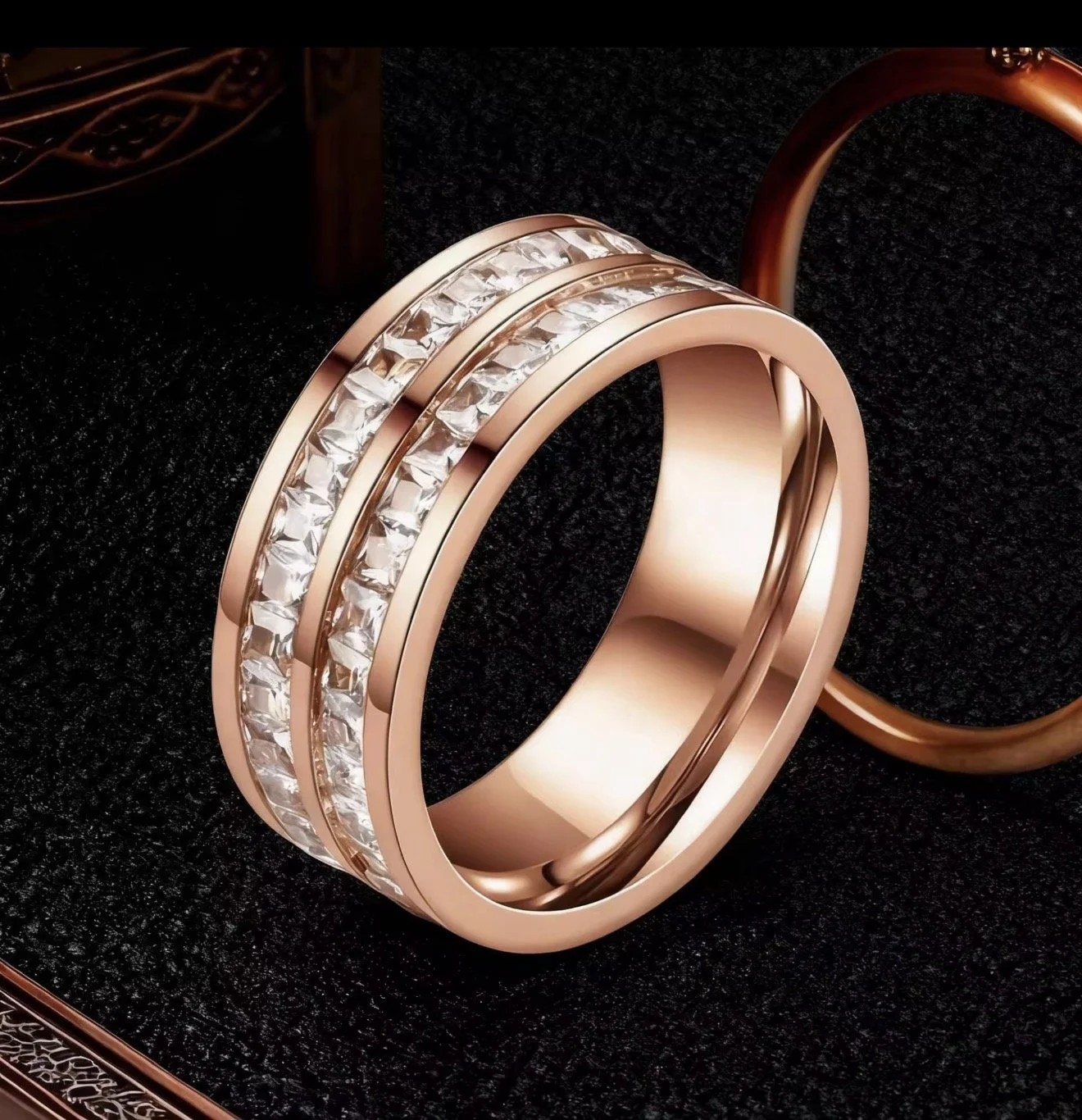 SR003 Rose Gold Double Row Crystal Ring