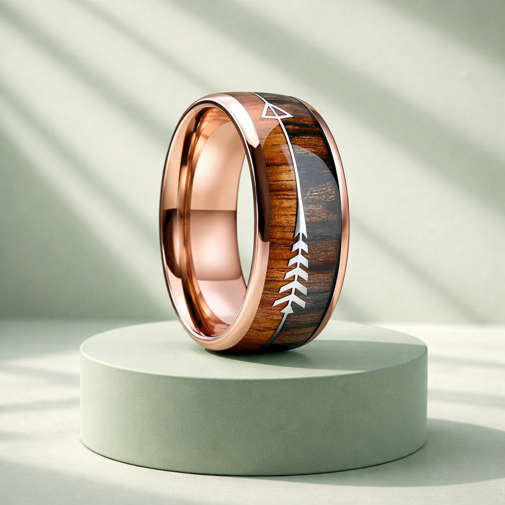 BB10 Elegant Vintage Stainless Arrow Wood Inlay Silver, Rose, Or Black Stainless Steel Ring