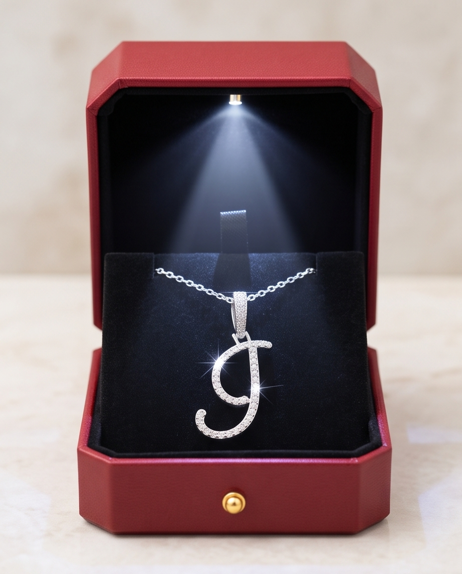 Large Multi-Cubic Zirconia Shaped Letter "I" With Red Box and Option for Herringbone Necklace (Limited of Edition)