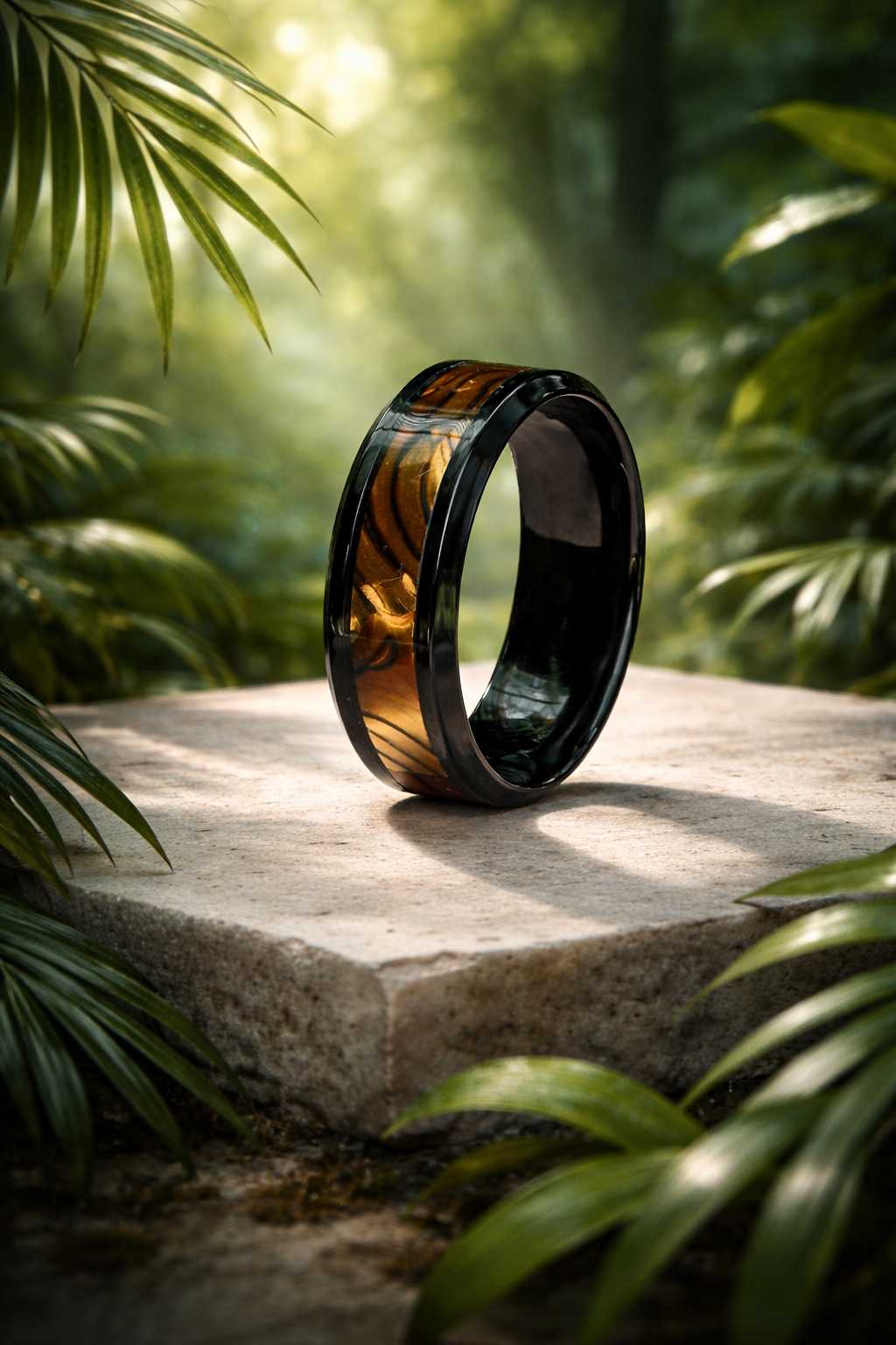 HR003 Golden Inlay Black Band Ring