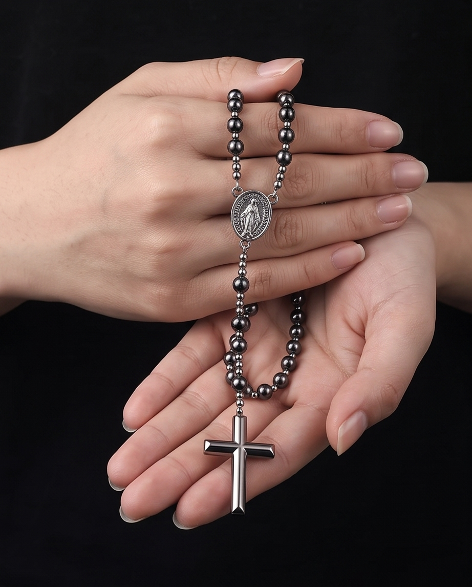 8mm Elegance Rosary Necklace with Miraculous Medal