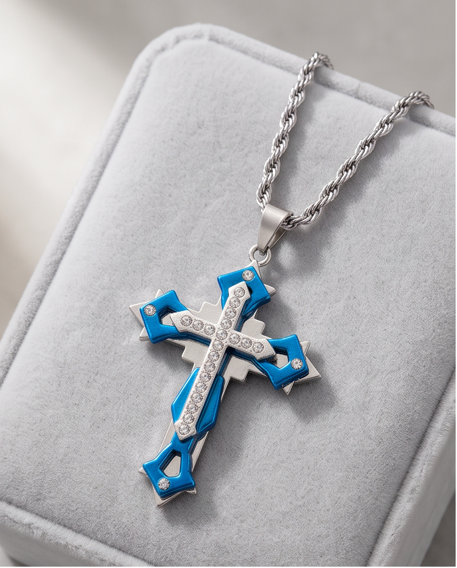 Stainless Steel Turquoise and Crystal Cross Necklace