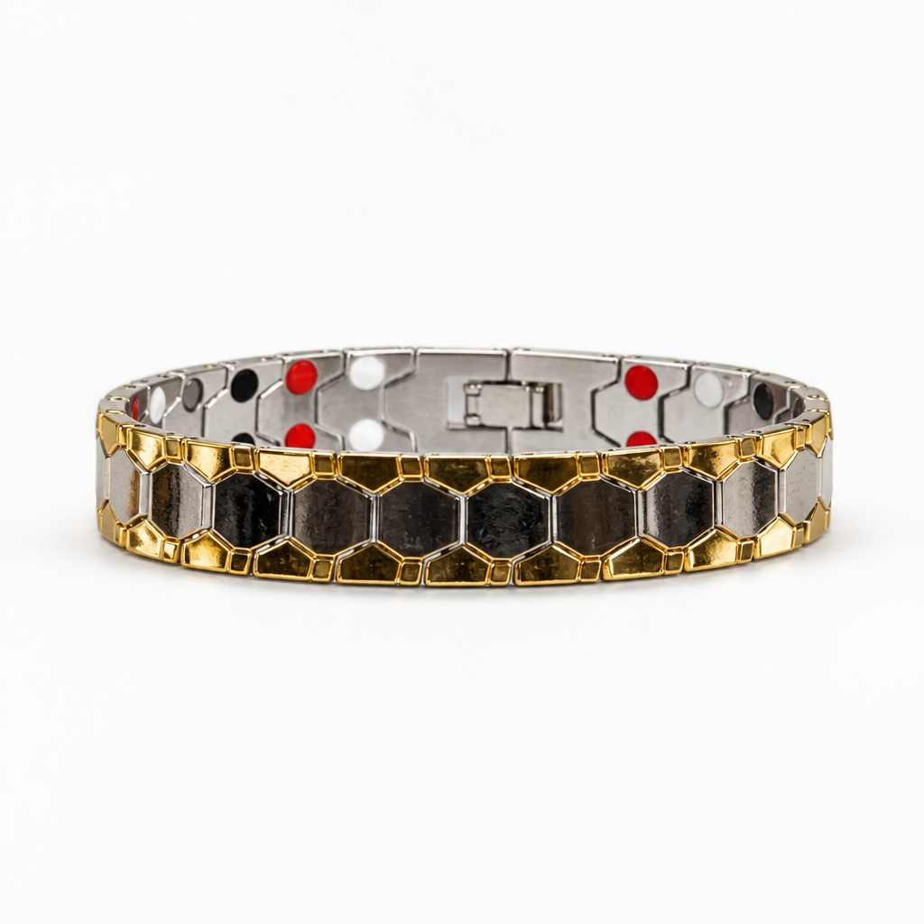 S210 8' Silver with Golden Yellow Strip Elegant Magnetic Therapy Bracelet