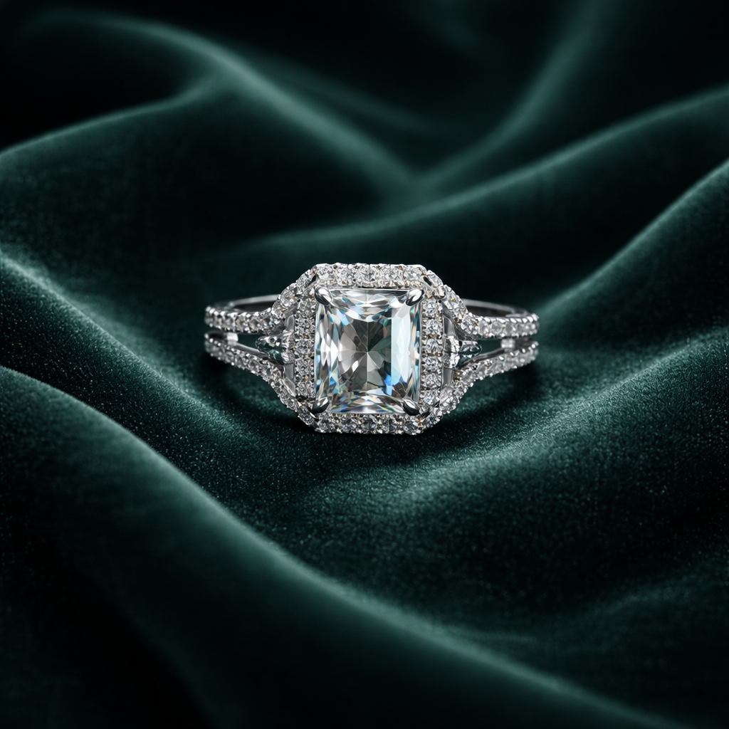 STA127 S925 Sterling Silver Timeless Elegance Radiant-Cut Halo Ring Ring Box included