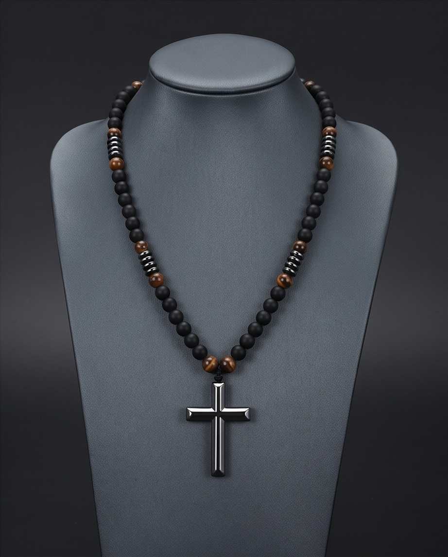 Black and Tiger Eye Stone Rosary Cross Necklace
