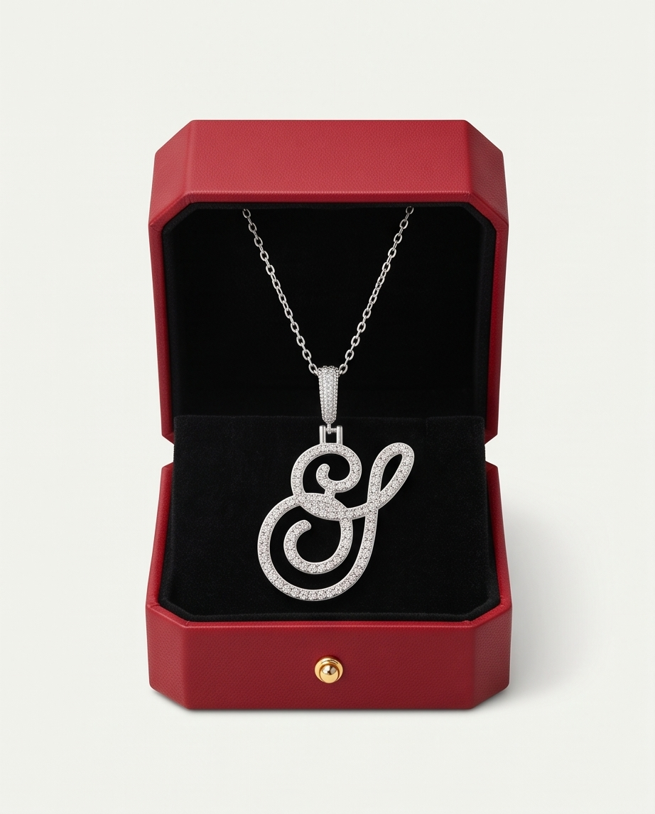 Large Multi-Cubic Zirconia Shaped Letter "S" With Red Box and Option for Herringbone Necklace (Limited of Edition)