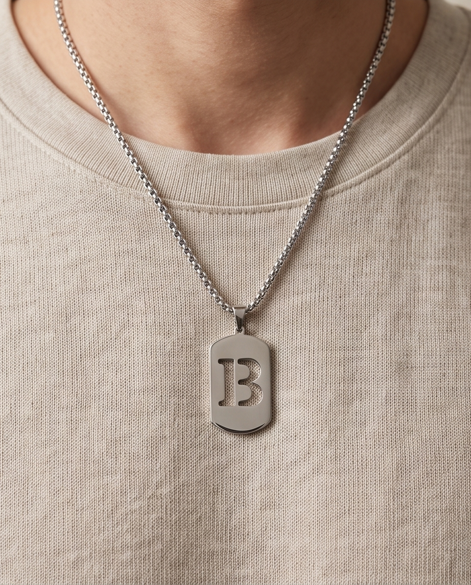 20' Diamond Cut Stainless Steel  Letter"B" initial  Dog Tag Necklace