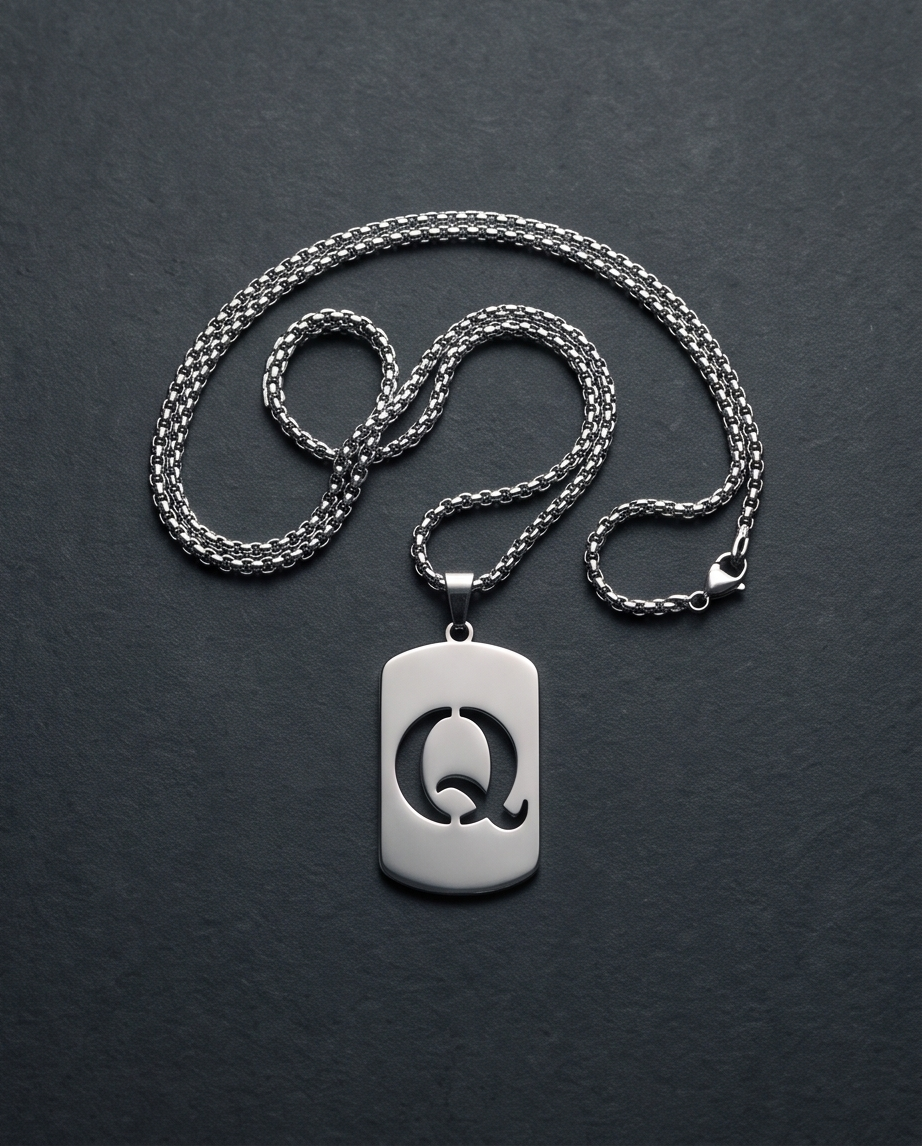 20' Diamond Cut Mirror Cut Out Alphabet initial "Q" Dog Tag Necklace