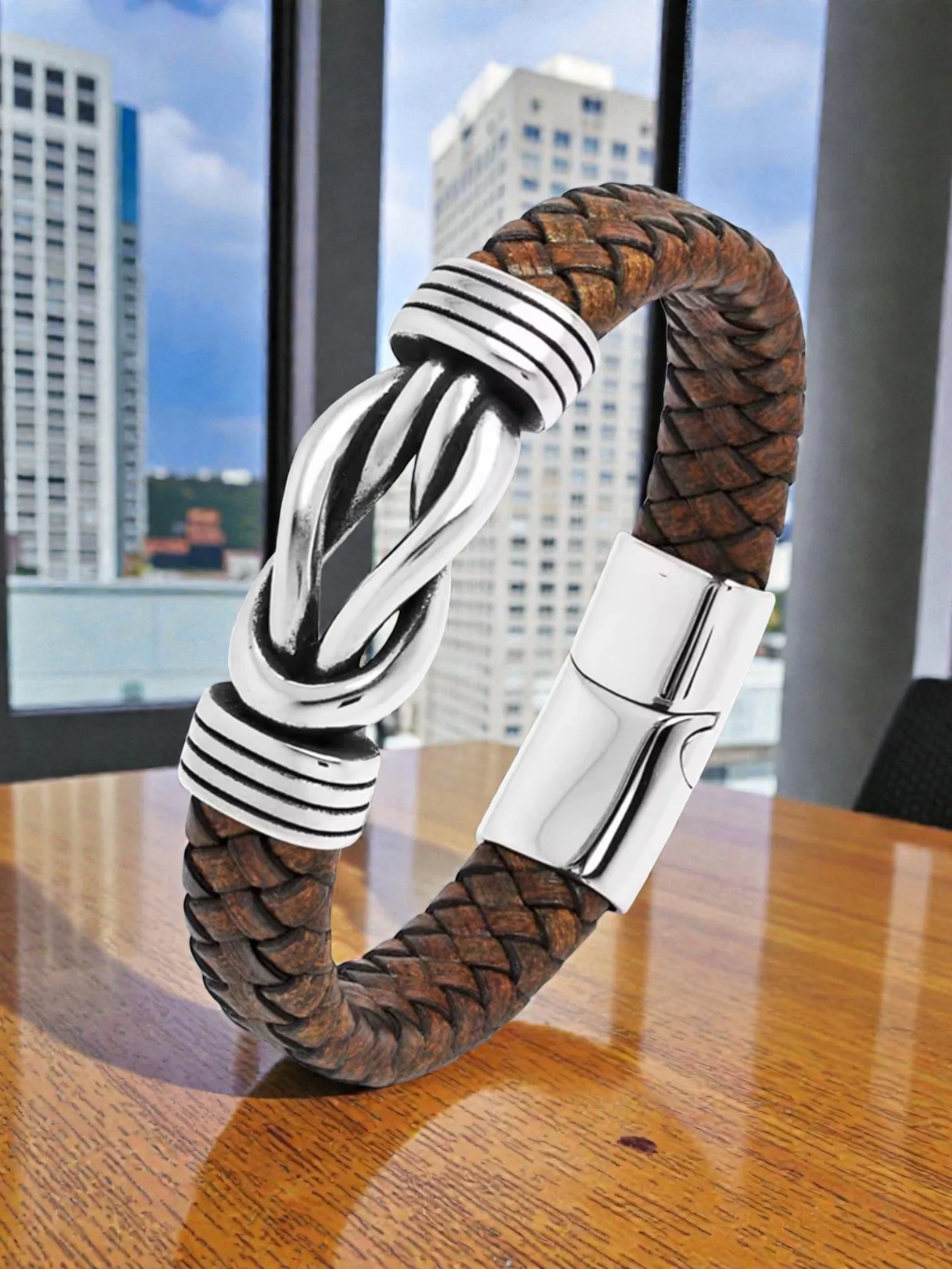 BL008 Brown Infinity Detail Symbol Leather Bracelet with Silver Clasps