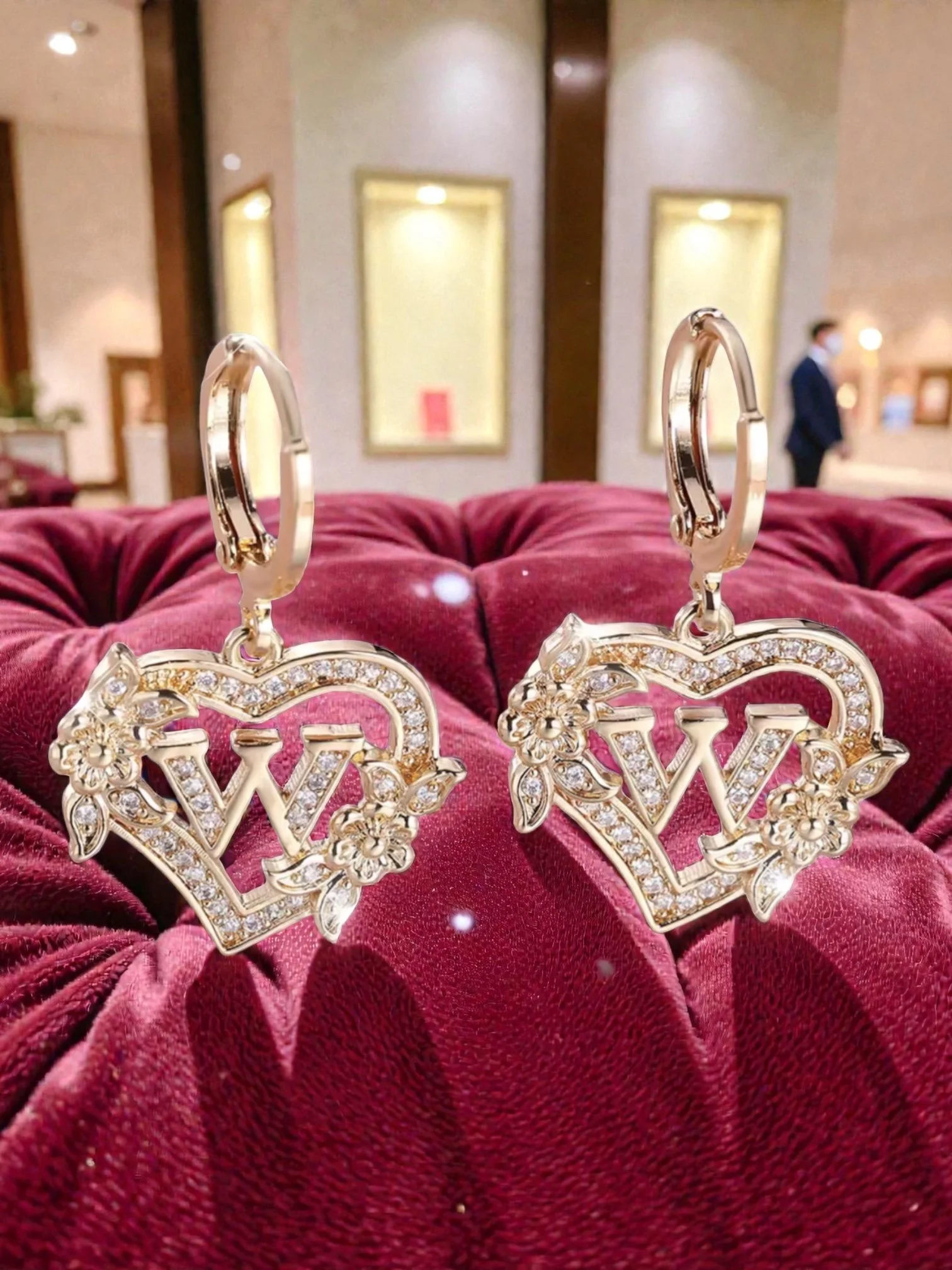 L124 Sassy's Pearls & Gentlemen Band'S Floral Initial "W" Hoop Earrings; Emblem Hoop Earrings