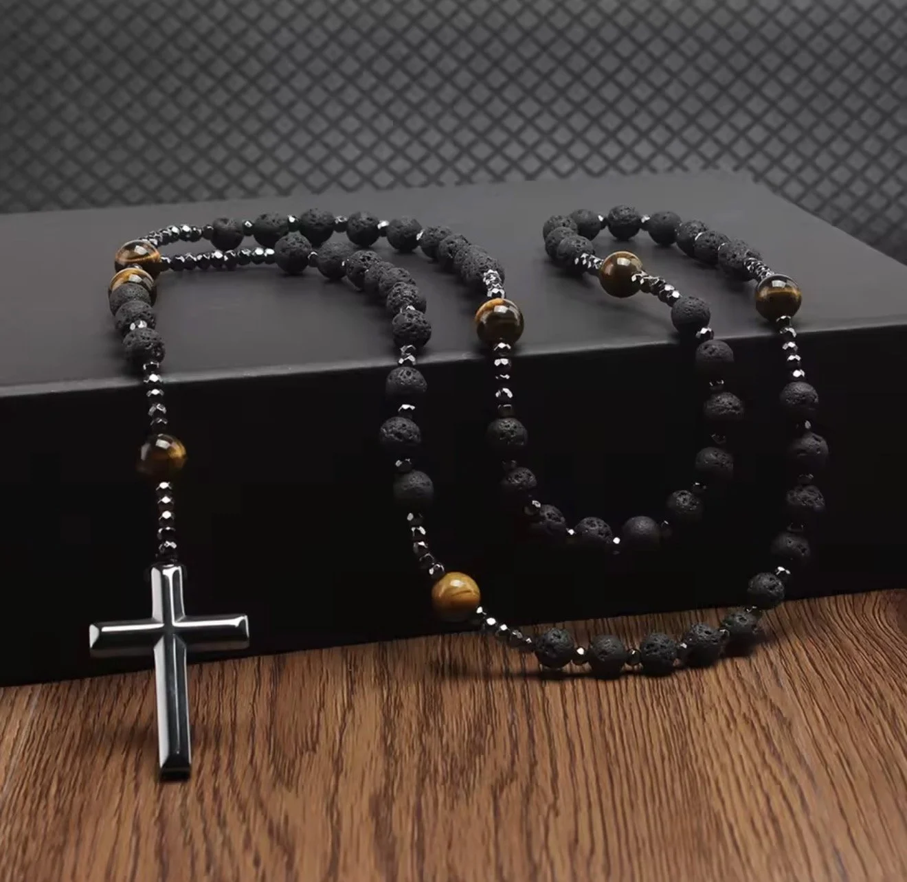 RS180 10'Lava Stone and Tiger's Eye Cross Necklace
