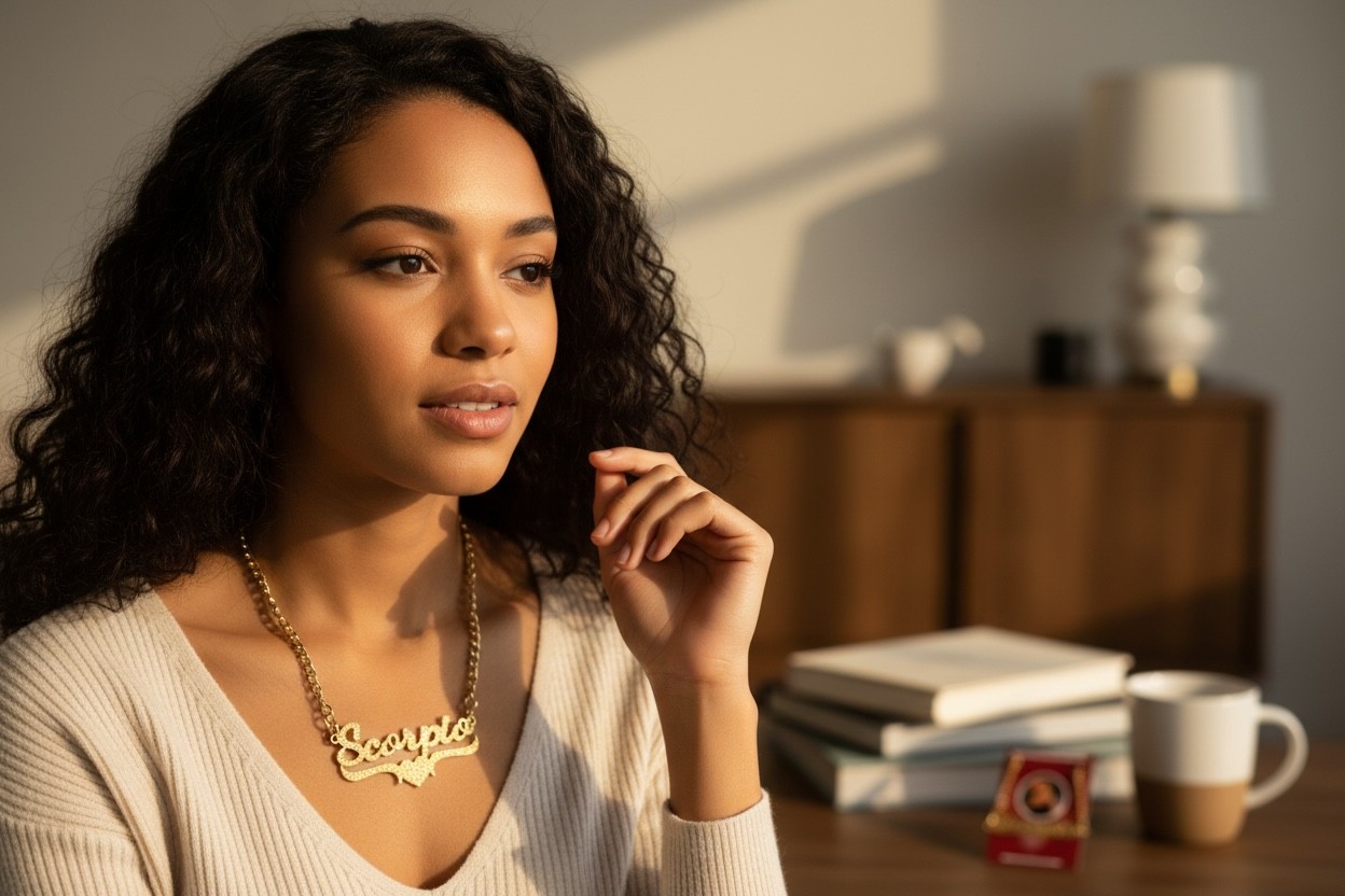 A young woman with curly dark hair, wearing a beige top and a gold necklace that says 'Scorpio,' sitting at a table with books, a cup, and a small box, indoors in warm lighting.