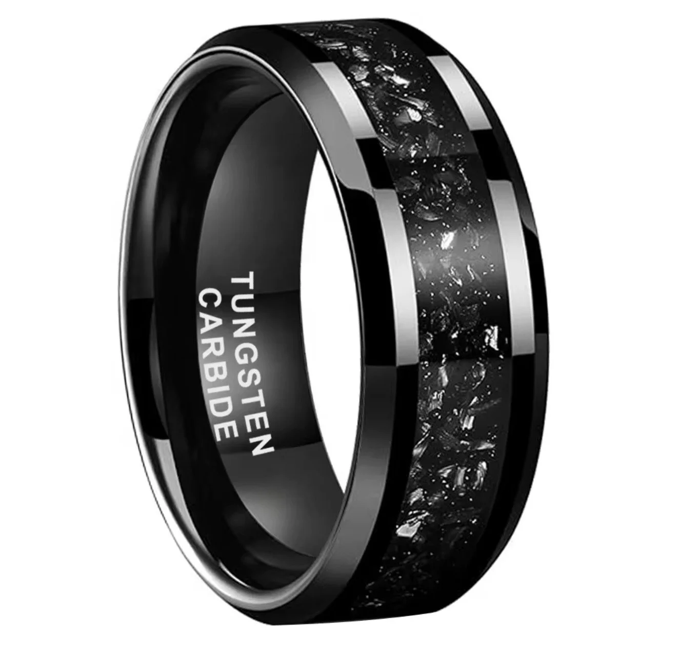 BB016 Men's Crushed Black Stone Tungsten Ring