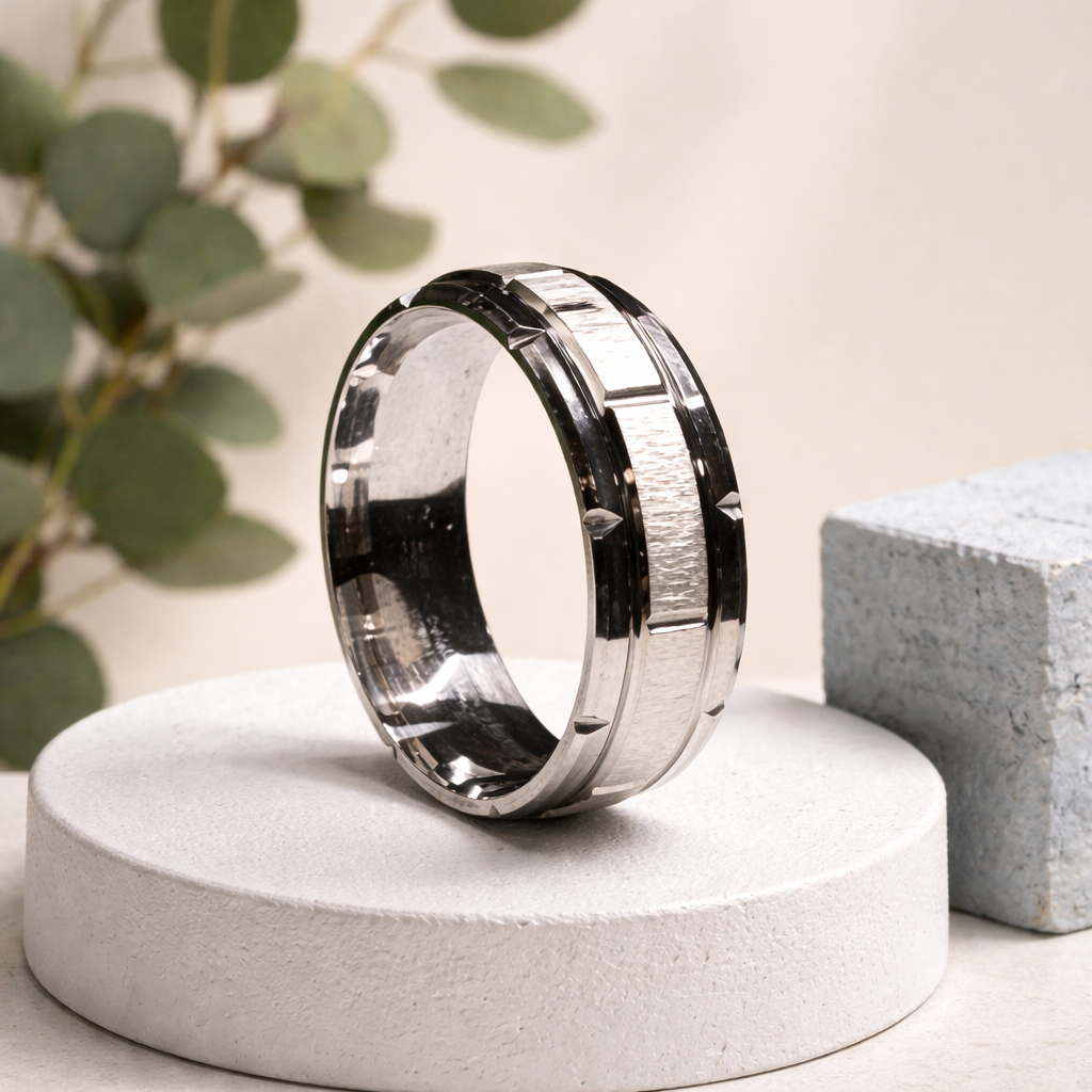 BB014 Men's Tungsten Carbide Ring with Sliver Accents