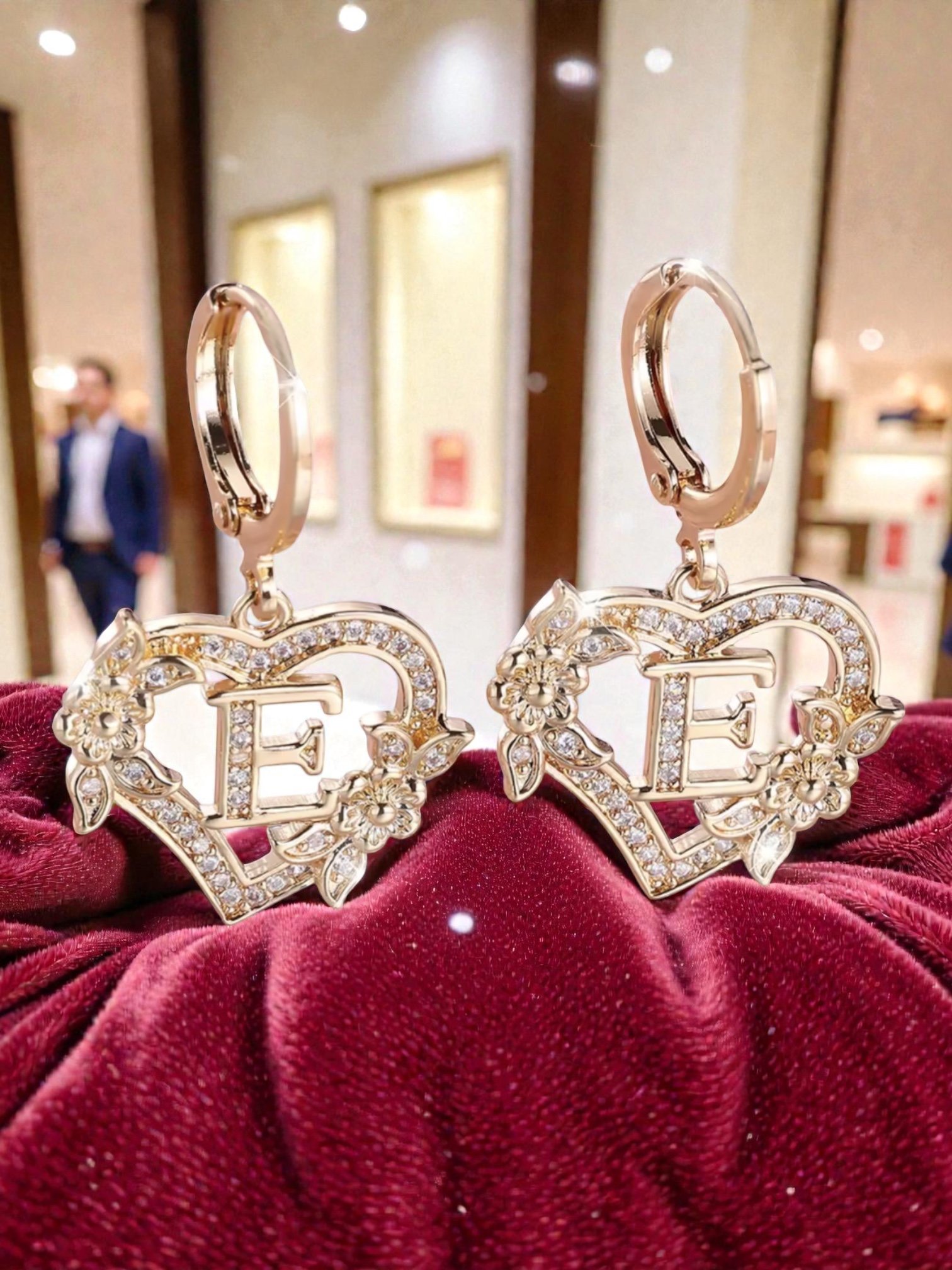 L105 Sassy's Pearls & Gentlemen Band'S Floral Initial "E" Hoop Earrings