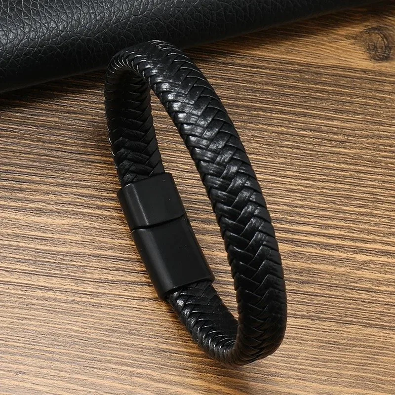 B018 Black Braided Leather Bracelet With A Black Magnetic Clasp