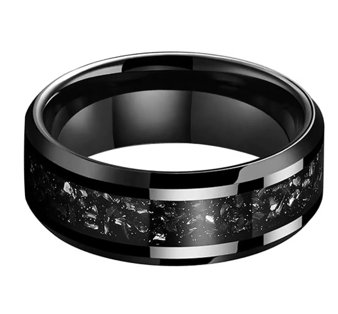 BB016 Men's Crushed Black Stone Tungsten Ring